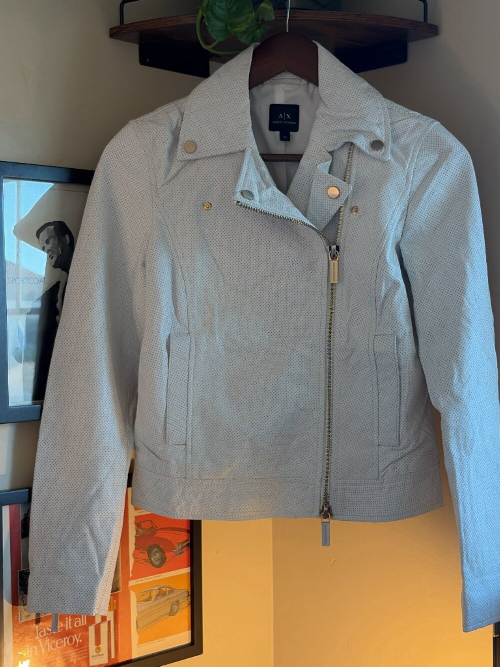 Armani Exchange Lamb skin leather white Quilted Biker Jacket Women's XS